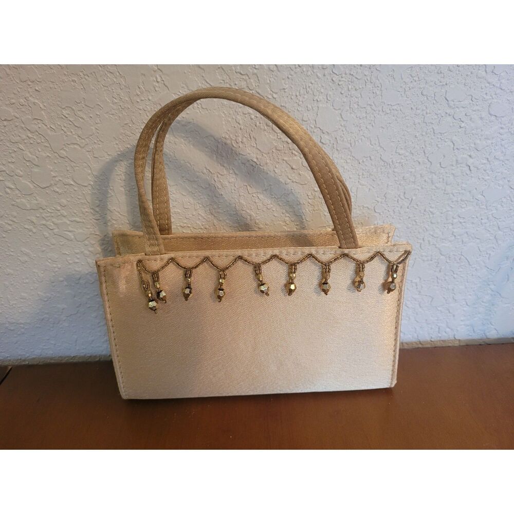 Vintage Gold Satin Evening Bag Beaded Fringe Wedding Guest Clutch Formal Handbag
